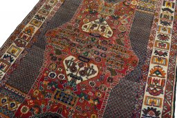 Backside of handmade 1970s Shiraz rug showing knot structure and weave density