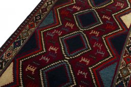 Backside of handmade 2000s Shiraz rug showing knot structure and weave density
