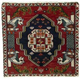 Full view of 2000s Shiraz rug from Iran / Persia, 54 × 57 cm in Red tones