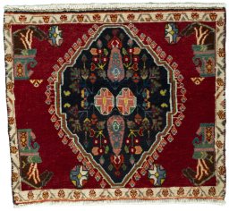 Full view of 2000s Shiraz rug from Iran / Persia, 53 × 61 cm in Red tones