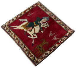 Corner detail of 2000s Shiraz rug showing border pattern and Wool pile