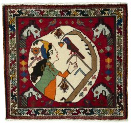 Full view of 2000s Shiraz rug from Iran / Persia, 60 × 66 cm in Red tones
