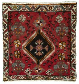 Full view of 2000s Shiraz rug from Iran / Persia, 60 × 57 cm in Red tones