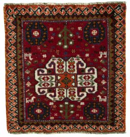 Full view of 2000s Shiraz rug from Iran / Persia, 54 × 52 cm in Red tones