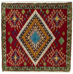 Full view of 2000s Shiraz rug from Iran / Persia, 57 × 57 cm in Red tones