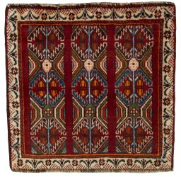 Full view of 2000s Shiraz rug from Iran / Persia, 56 × 58 cm in Red tones