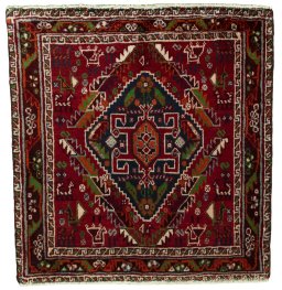 Full view of 2000s Shiraz rug from Iran / Persia, 62 × 60 cm in Red tones