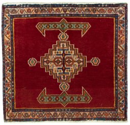 Full view of 2000s Shiraz rug from Iran / Persia, 56 × 60 cm in Red tones