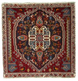 Full view of 2000s Shiraz rug from Iran / Persia, 63 × 63 cm in Red tones