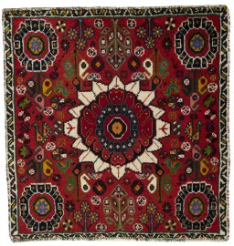 Full view of 2000s Shiraz rug from Iran / Persia, 65 × 63 cm in Red tones