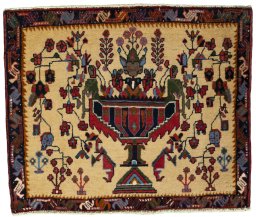 Full view of 2000s Shiraz rug from Iran / Persia, 62 × 74 cm in Multi Color tones