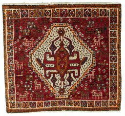 Full view of 2000s Shiraz rug from Iran / Persia, 60 × 64 cm in Red tones