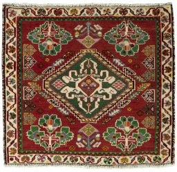 Full view of 2000s Shiraz rug from Iran / Persia, 57 × 61 cm in Red tones