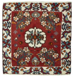 Full view of 2000s Shiraz rug from Iran / Persia, 63 × 61 cm in Red tones