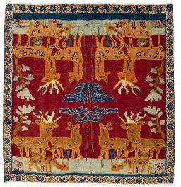 Full view of 2000s Shiraz rug from Iran / Persia, 74 × 70 cm in Red tones