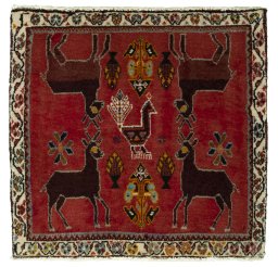 Full view of 2000s Shiraz rug from Iran / Persia, 58 × 61 cm in Red tones
