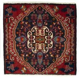 Full view of 2000s Shiraz rug from Iran / Persia, 55 × 56 cm in Red tones