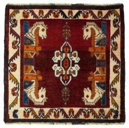 Full view of 2000s Shiraz rug from Iran / Persia, 63 × 65 cm in Red tones