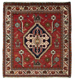 Full view of 2000s Shiraz rug from Iran / Persia, 62 × 58 cm in Red tones