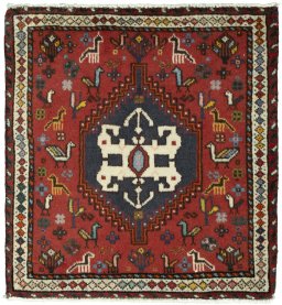 Full view of 2000s Shiraz rug from Iran / Persia, 65 × 61 cm in Red tones