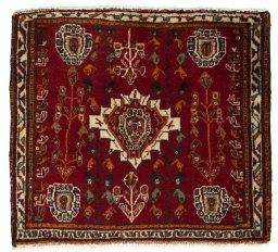 Full view of 2000s Shiraz rug from Iran / Persia, 56 × 64 cm in Red tones
