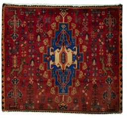 Full view of 2000s Shiraz rug from Iran / Persia, 63 × 71 cm in Red tones