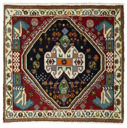 Full view of 2000s Shiraz rug from Iran / Persia, 65 × 68 cm in Red tones