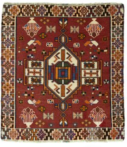 Full view of 2000s Shiraz rug from Iran / Persia, 66 × 61 cm in Red tones
