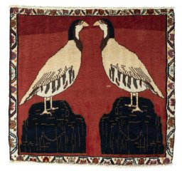 Full view of 2000s Shiraz rug from Iran / Persia, 55 × 60 cm in Red tones