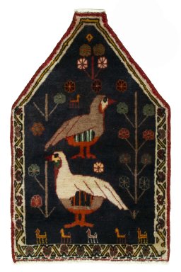 Full view of 2000s Shiraz rug from Iran / Persia, 66 × 43 cm in Red tones