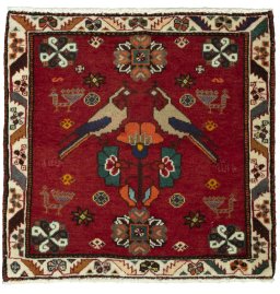 Full view of 2000s Shiraz rug from Iran / Persia, 56 × 58 cm in Red tones