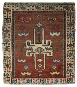 Full view of 2000s Shiraz rug from Iran / Persia, 65 × 60 cm in Red tones