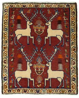 Full view of 2000s Shiraz rug from Iran / Persia, 78 × 65 cm in Red tones