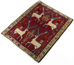 Corner detail of 2000s Shiraz rug showing border pattern and Wool pile