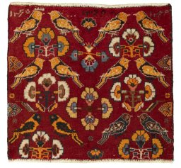 Full view of 2000s Shiraz rug from Iran / Persia, 51 × 56 cm in Red tones