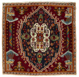 Full view of 2000s Shiraz rug from Iran / Persia, 70 × 70 cm in Red tones