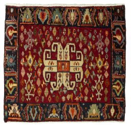 Full view of 2000s Shiraz rug from Iran / Persia, 64 × 67 cm in Red tones