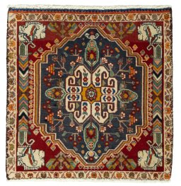 Full view of 2000s Shiraz rug from Iran / Persia, 61 × 60 cm in Red tones