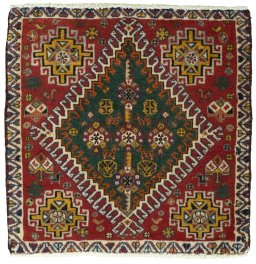 Full view of 2000s Shiraz rug from Iran / Persia, 60 × 60 cm in Red tones