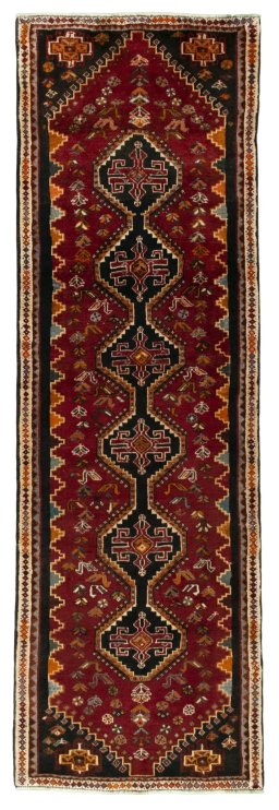 Full view of 2000s Shiraz rug from Iran / Persia, 253 × 80 cm in Red tones