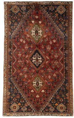Full view of 2000s Shiraz rug from Iran / Persia, 255 × 154 cm in Red tones