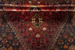 Full view of 2000s Shiraz rug from Iran / Persia, 255 × 154 cm in Red tones
