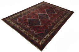 Corner detail of 2000s Shiraz rug showing border pattern and Wool pile
