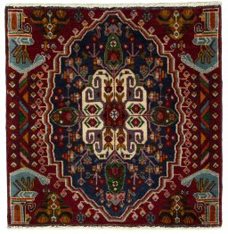 Full view of 2000s Shiraz rug from Iran / Persia, 59 × 58 cm in Red tones