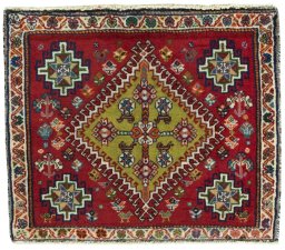 Full view of 2000s Shiraz rug from Iran / Persia, 54 × 64 cm in Red tones
