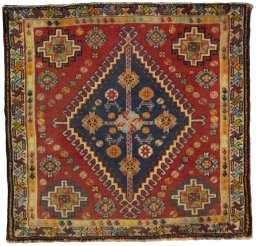 Full view of 2000s Shiraz rug from Iran / Persia, 60 × 63 cm in Red tones