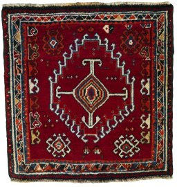 Full view of 2000s Shiraz rug from Iran / Persia, 65 × 63 cm in Red tones