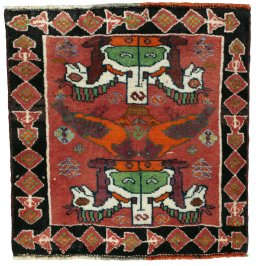 Full view of 2000s Shiraz rug from Iran / Persia, 60 × 57 cm in Red tones