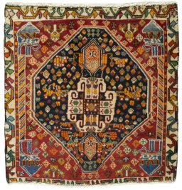 Full view of 2000s Shiraz rug from Iran / Persia, 70 × 68 cm in Red tones