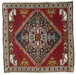 Full view of 2000s Shiraz rug from Iran / Persia, 65 × 66 cm in Red tones